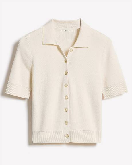 Short Elbow-Sleeve Cardigan with Shirt Collar