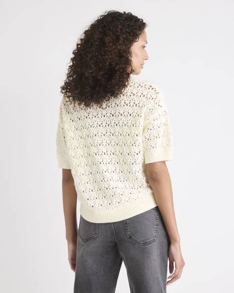 Pull à Col Rond et Manches Courtes en Mailles de Fantaisie