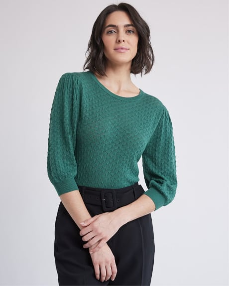 3/4-Sleeve Pointelle Sweater with Cut-Out at Back