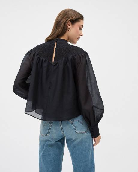 Long-Sleeve Mock-Neck Blouse with Textured Yoke