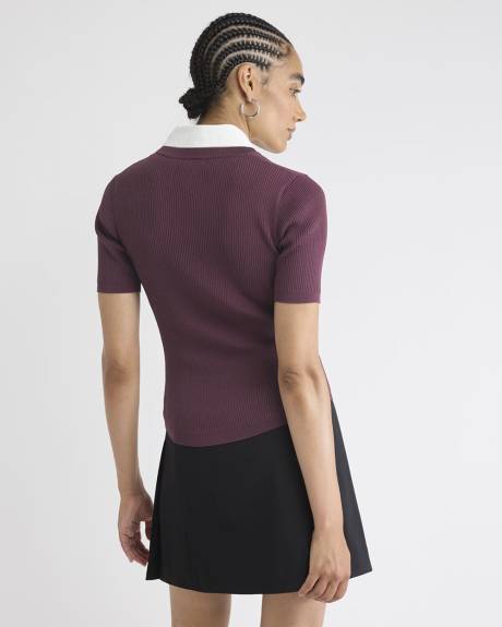 Elbow-Sleeve Ribbed Sweater with Removable Shirt Collar
