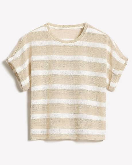Haut Décontracté Rayé à Manches Très Courtes et Col Rond