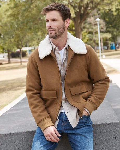 Short Wool Jacket with Removable Sherpa Collar