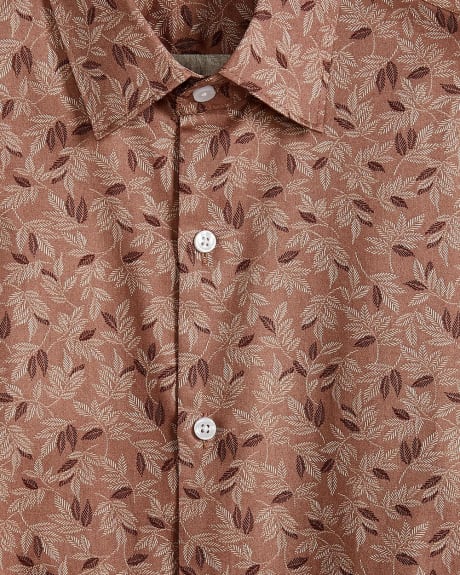 Tailored Fit Beige Dress Shirt with Leaf Print