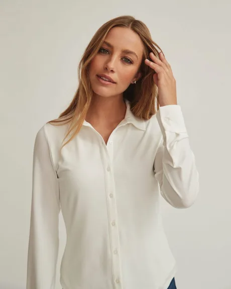 Double Layer Knit Crepe Long Sleeve Button-Down Shirt