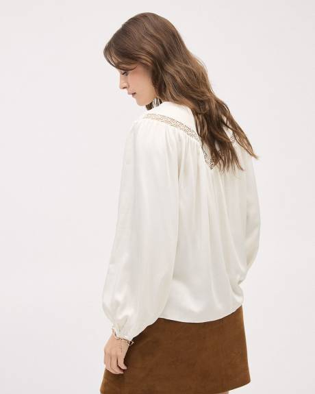 Long-Puffy-Sleeve Buttoned-Down Blouse with Eyelet Pattern