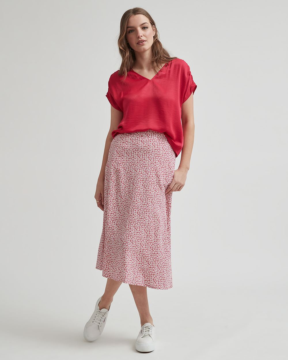Floral High-Waisted A-Line Midi Skirt