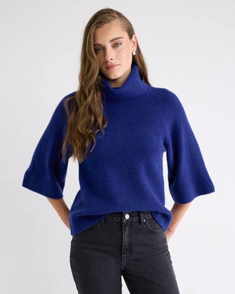 Elbow-Sleeve Mock-Neck Loose Sweater