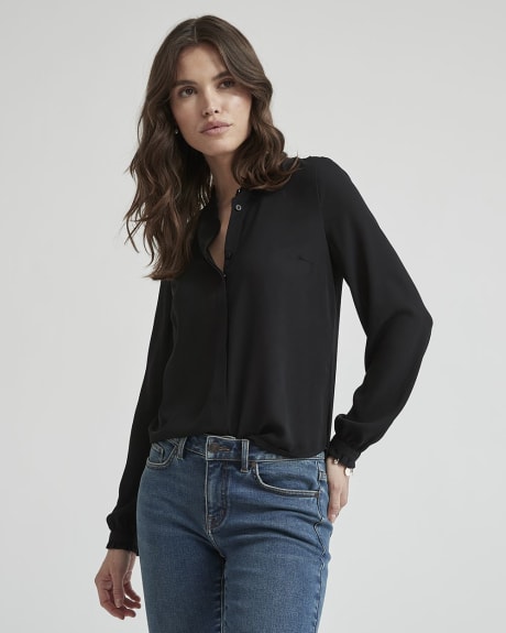 Silky Crepe High-Neck Buttondown Blouse with Ruffles