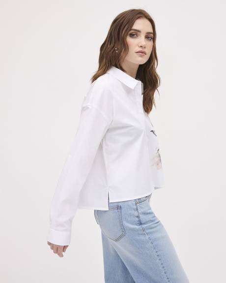 Long-Sleeve Buttoned-Down Poplin Blouse with Floral Print
