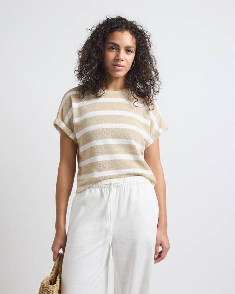 Extended-Sleeve Crew-Neck Relaxed-Fit Crochet Top