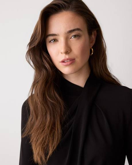 Long-Sleeve Top with Crossover Draped Mock Neckline