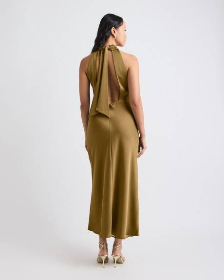 Robe Cocktail Midi en Satin Sans Manches &agrave; Encolure Licou