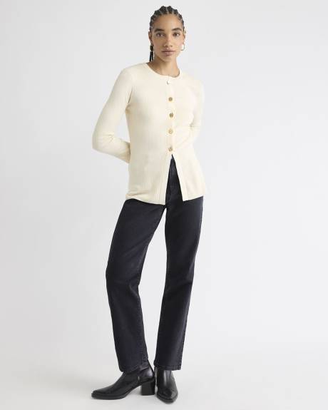 Flare-Sleeve Crew-Neck Ribbed Cardigan