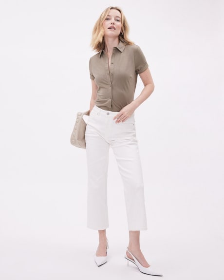 Buttoned-Down Short-Sleeve Tee with Shirt Collar
