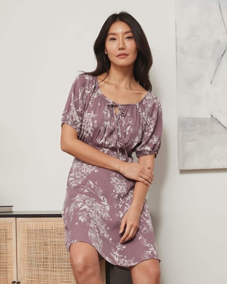 Soft Twill Fit & Flare Dress with Short Puffy Sleeves