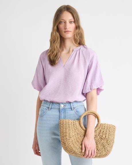V-Neck Blouse with Short Puffy Sleeves