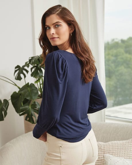 Long Puffy Sleeve T-Shirt with Drapy Boat Neckline