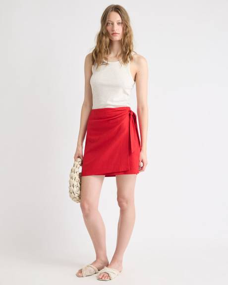 Linen-Blend Wrap Mini Skirt