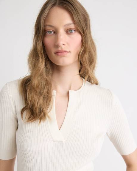 Pull Côtelé à Col Fendu et Manches aux Coudes