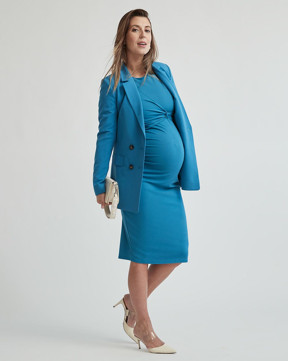 Knit Crepe Long Sleeve Midi Dress with Front Twist - Thyme Maternity