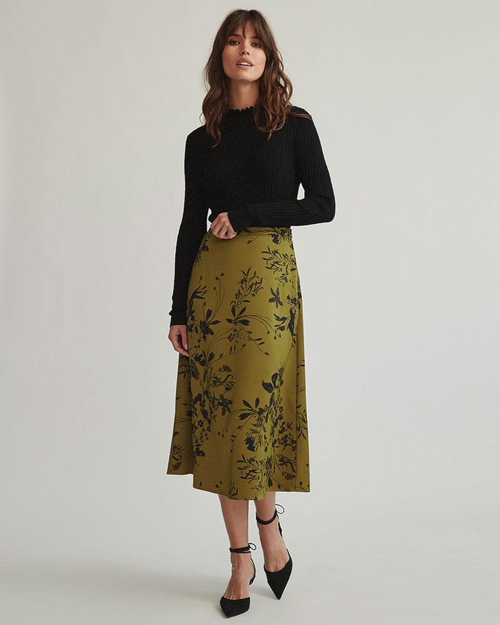 Printed Satin High-Waist A-Line Midi Skirt