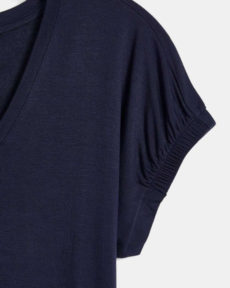 French Terry V Neck T-Shirt with Elastic Sleeves