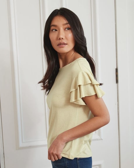 Linen Crew-Neck T-Shirt with Tiered Sleeves