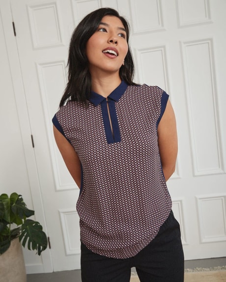 Shirt-Neck Mixed-Media Tunic with Geometric Pattern