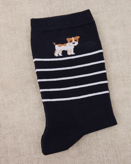 Striped Cotton Socks with Dog at Hem