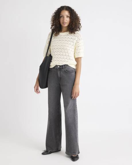 Pull à Col Rond et Manches Courtes en Mailles de Fantaisie