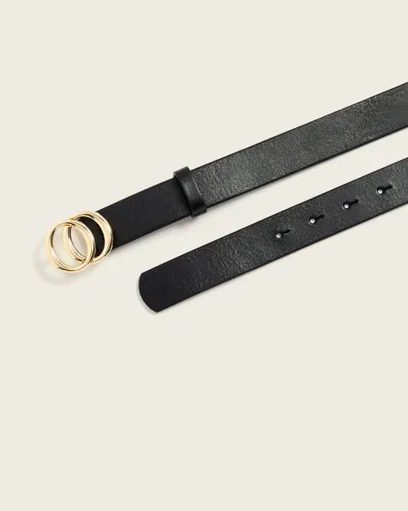 Black leather belt with double ring buckle