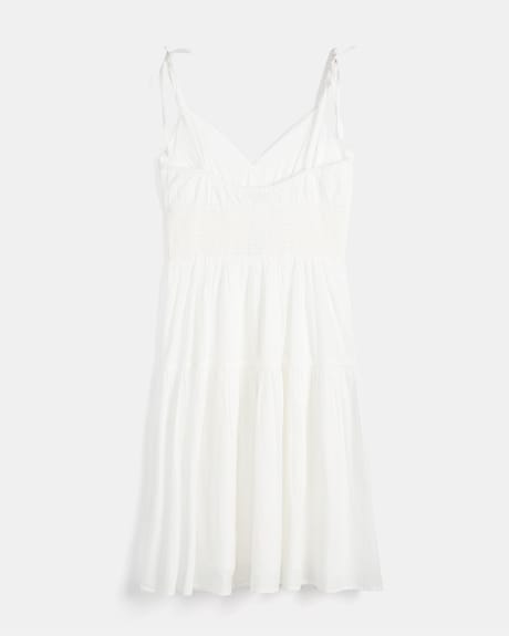 White Cotton Voile Sleevleess V-Neck Beach Dress with Waist Smocking
