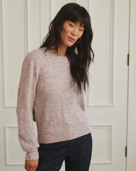 Fancy Knit Crew Neck Sweater With Puffed Sleeves