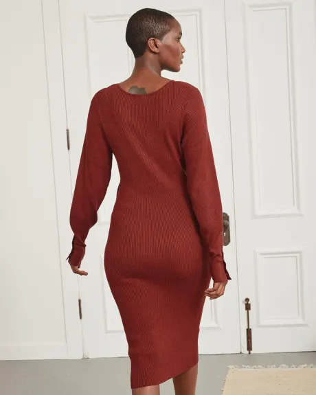 V Neck Puffy Button Sleeve Sweater Dress