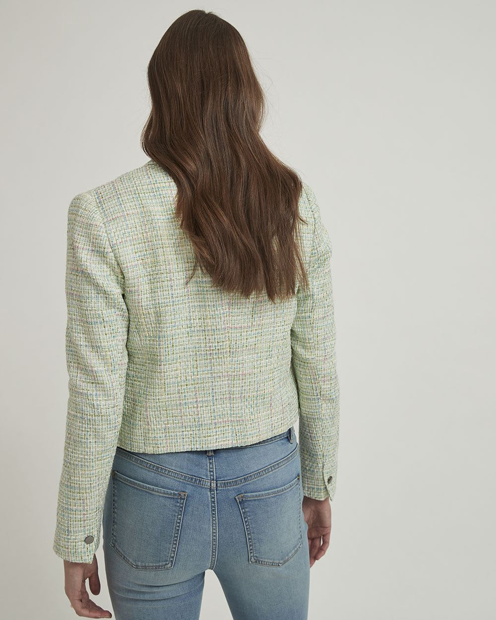 Green Tweed Faux Double-Breasted Cropped Blazer