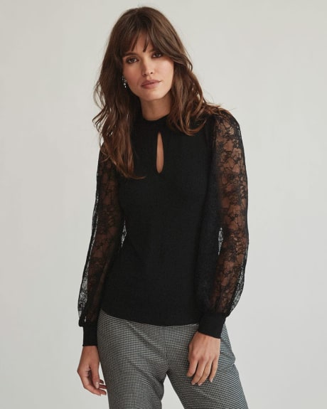 Mixed Media Mock-Neck Top with Keyhole and Lace Puffy Sleeves