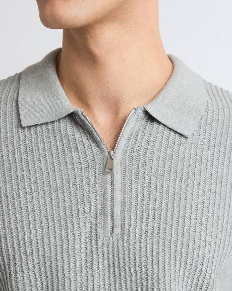 Pull Texturé à Manches Courtes et Col Chemisier à Demi-Zip