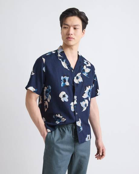 Chemise Fleurie &agrave; Manches Courtes et Col Camp en M&eacute;lange de Lin