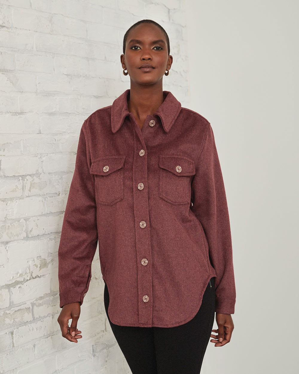 Wool-Blend Shacket Blouse with Chest Pockets