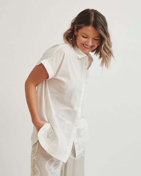 Cotton Voile Beachwear Button-Down Short-Sleeve Blouse