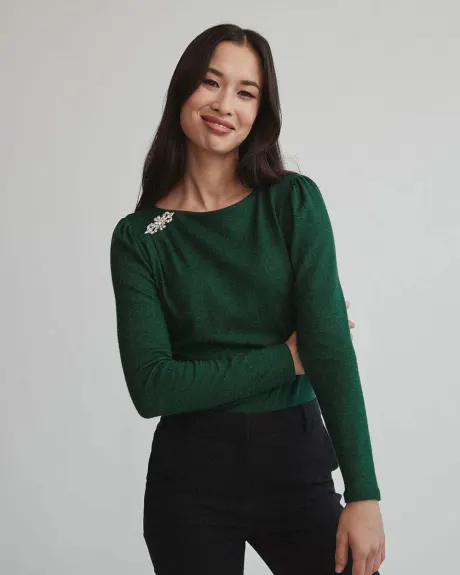 Brushed Knit Boat-Neck Top with Broach