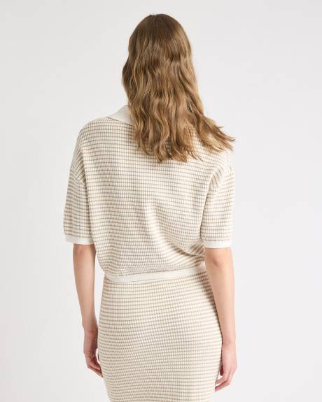 Elbow-Sleeve Polo Sweater in Fancy Stitches