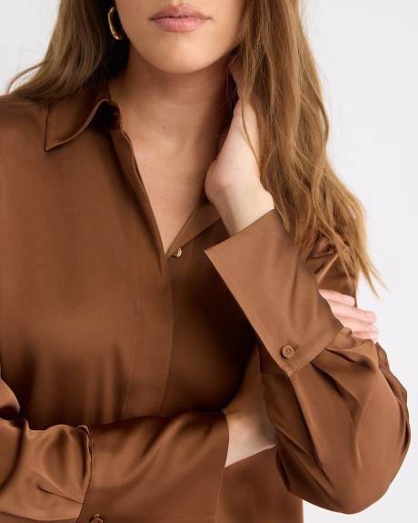 Satin Long-Sleeve Buttoned-Down Blouse