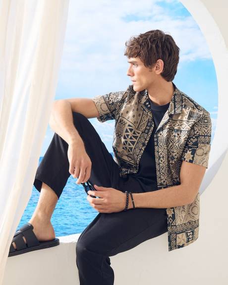 Regular-Fit Short-Sleeve Cotton Shirt with Camp Collar