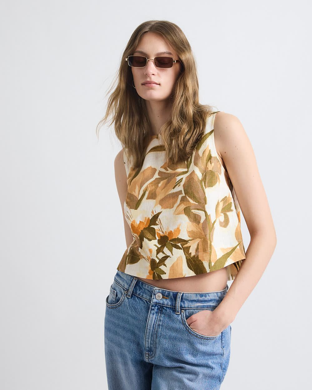 Sleeveless Crew-Neck Linen-Blend Blouse