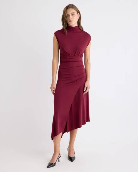 Extended-Sleeve Mock-Neck Draped Midi Dress