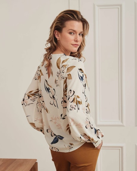 Crew Neck Popover Blouse with Long Puffy Sleeves