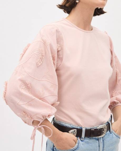Long-Sleeve Crew-Neck Top with Embroidered Details