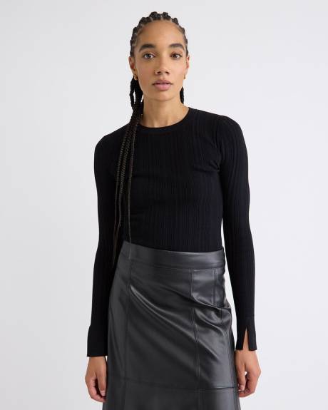 Long-Sleeve Crew-Neck Bodycon Top with Pointelle Stitches